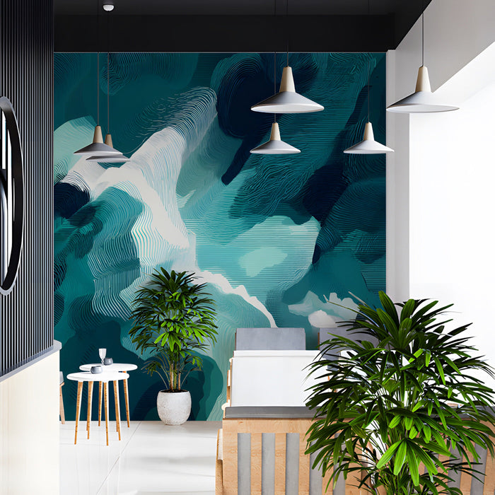 Contemporary entryway design with a flowing teal and mint artistic wall mural