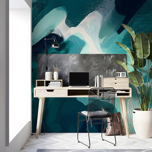 Modern study featuring a teal fluid line mural as a large-scale accent wall