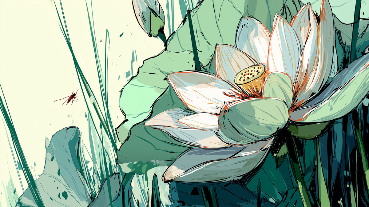 Close up of an illustrative lotus flower wallpaper mural with mint green leaves and a small red insect.