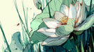 Close up of an illustrative lotus flower wallpaper mural with mint green leaves and a small red insect.