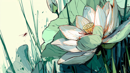 Close up of an illustrative lotus flower wallpaper mural with mint green leaves and a small red insect.