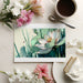 A bright home office space featuring the artistic lotus pond wall mural as an accent behind a desk.