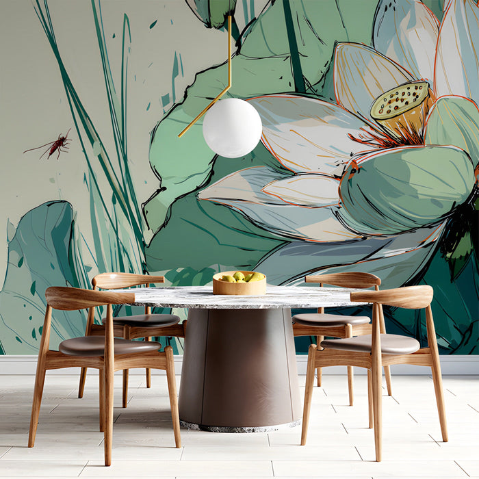 A tranquil dining room interior showcasing the botanical sketch mural on the main wall with lush green plants.