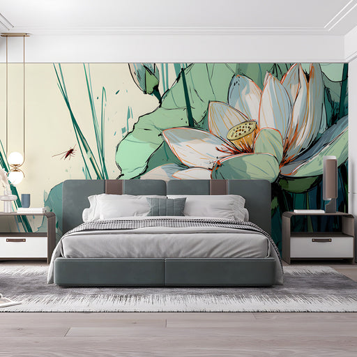 The lotus wallpaper pattern installed as a serene feature wall in a minimalist bedroom with wood furniture.