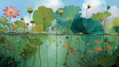 Oil painting style wallpaper pattern of a split-level lotus pond with pink flowers above and orange koi fish swimming below
