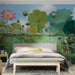 Colorful lotus and fish mural in a calming bedroom behind a minimalist wooden bed frame