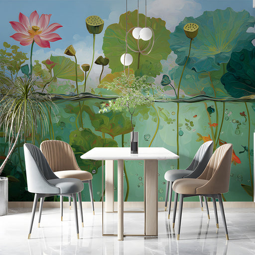 Lotus pond mural installed on a large dining room wall behind a neutral linen sofa