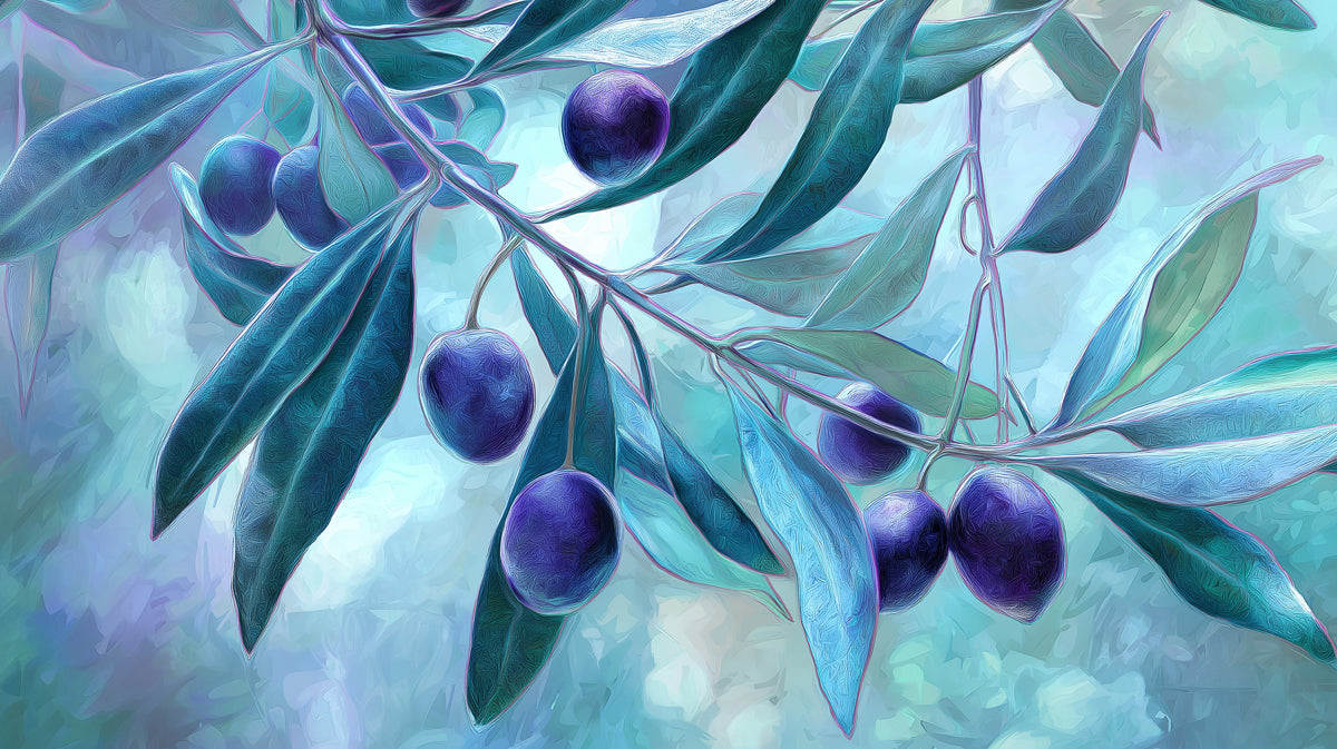Olive branches with dark blue olives and teal leaves on a soft light blue painterly background