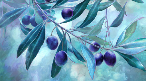 Olive branches with dark blue olives and teal leaves on a soft light blue painterly background