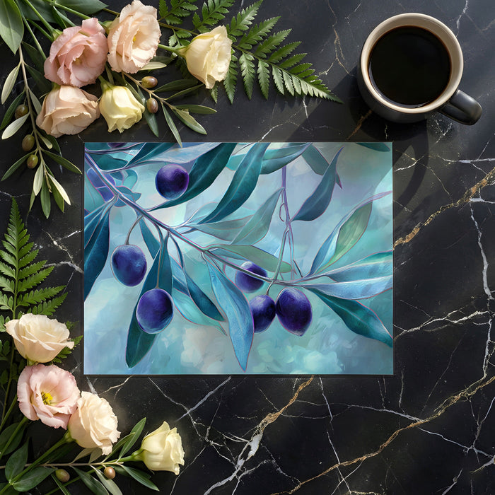 Relaxing bedroom interior with botanical blue olive tree wall mural
