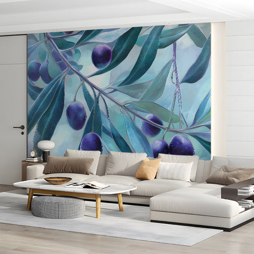 Serene living room with Mediterranean style olive branch art wallpaper