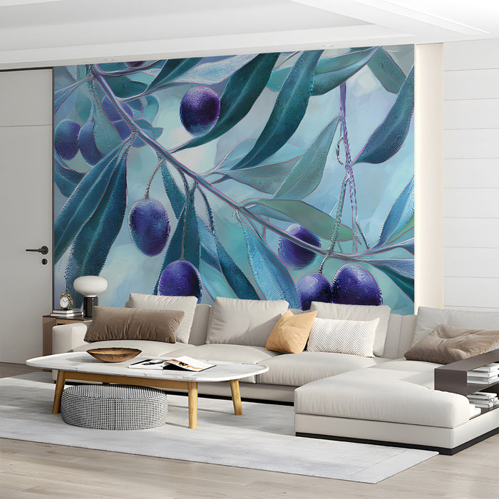 Serene living room with Mediterranean style olive branch art wallpaper