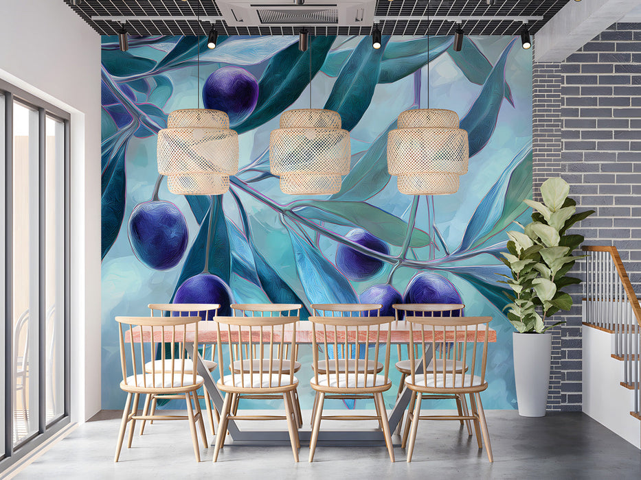 Kitchen dining area with a blue olive branch wallpaper on the main feature wall