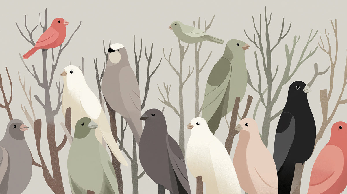 Stylized birds in sage, charcoal, and rose perched on bare branches against a neutral background