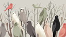 Stylized birds in sage, charcoal, and rose perched on bare branches against a neutral background