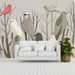 A cozy entryway featuring a bird pattern wallpaper on the wall