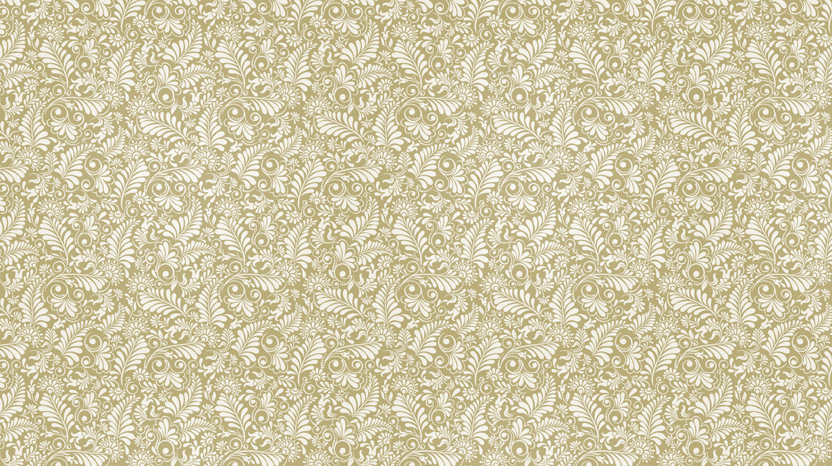 Ornate damask floral wallpaper with cream fern motifs on a golden ochre background