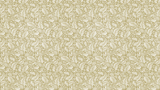 Ornate damask floral wallpaper with cream fern motifs on a golden ochre background