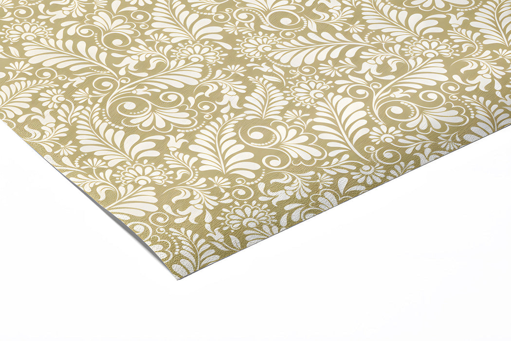 Golden ochre floral wall mural accenting a traditional bedroom headboard wall