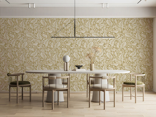 Damask fern wallpaper installed behind a neutral sofa in a cozy meeting room