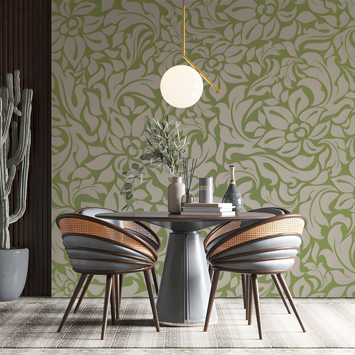 Sage floral wallpaper in a bright dining room