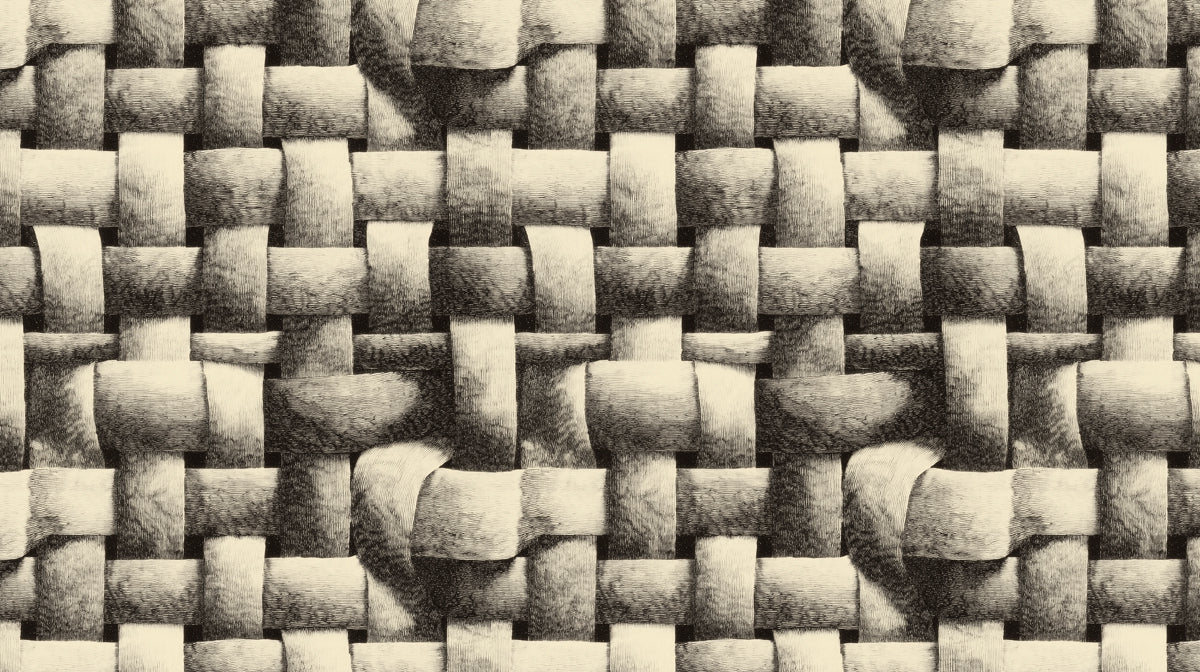Close up of a woven basketry pattern in monochrome cream and charcoal tones