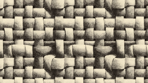 Close up of a woven basketry pattern in monochrome cream and charcoal tones