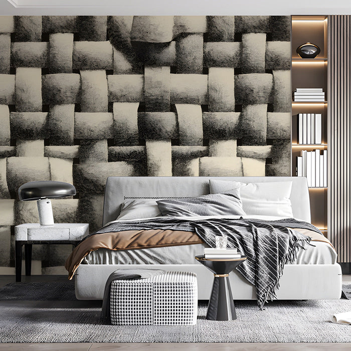 Bedroom interior featuring a woven basketry pattern accent wall behind a bed