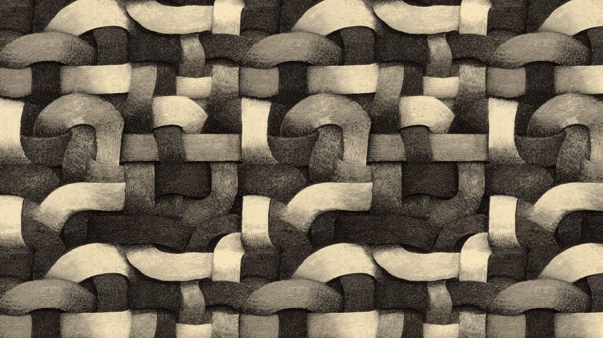 Close-up of interlocking woven bands in charcoal gray and cream with etched line textures.
