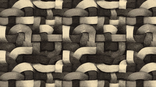 Close-up of interlocking woven bands in charcoal gray and cream with etched line textures.