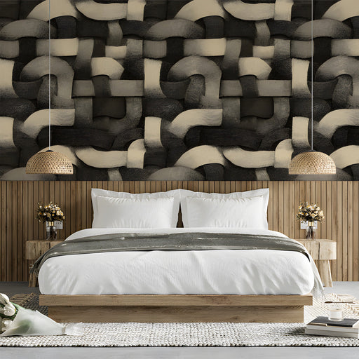 Contemporary bedroom wall covered in a textured interlocking woven pattern.