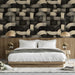 Contemporary bedroom wall covered in a textured interlocking woven pattern.