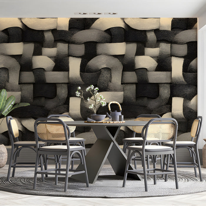 Modern meeting room with woven texture mural wall and dark wooden desk.