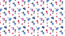 A repeating pattern of blue watercolor fuchsia flowers and small crimson hearts on a white background.