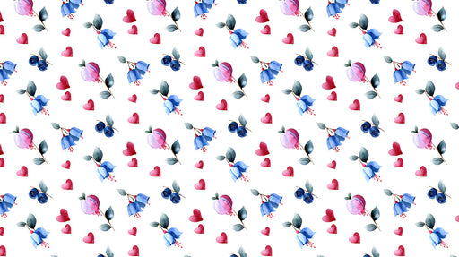 A repeating pattern of blue watercolor fuchsia flowers and small crimson hearts on a white background.