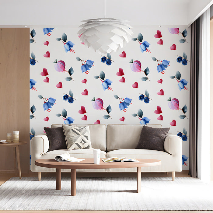 A  study with white linens and the soft blue floral mural creating a calm feature wall.