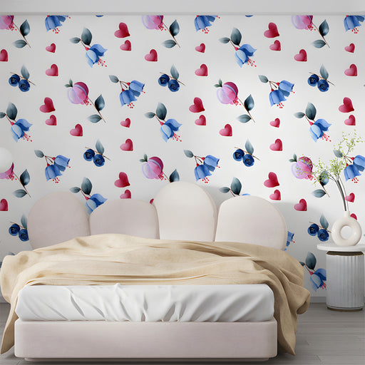 A cozy bedroom featuring a white crib and the delicate floral heart mural wallpaper.