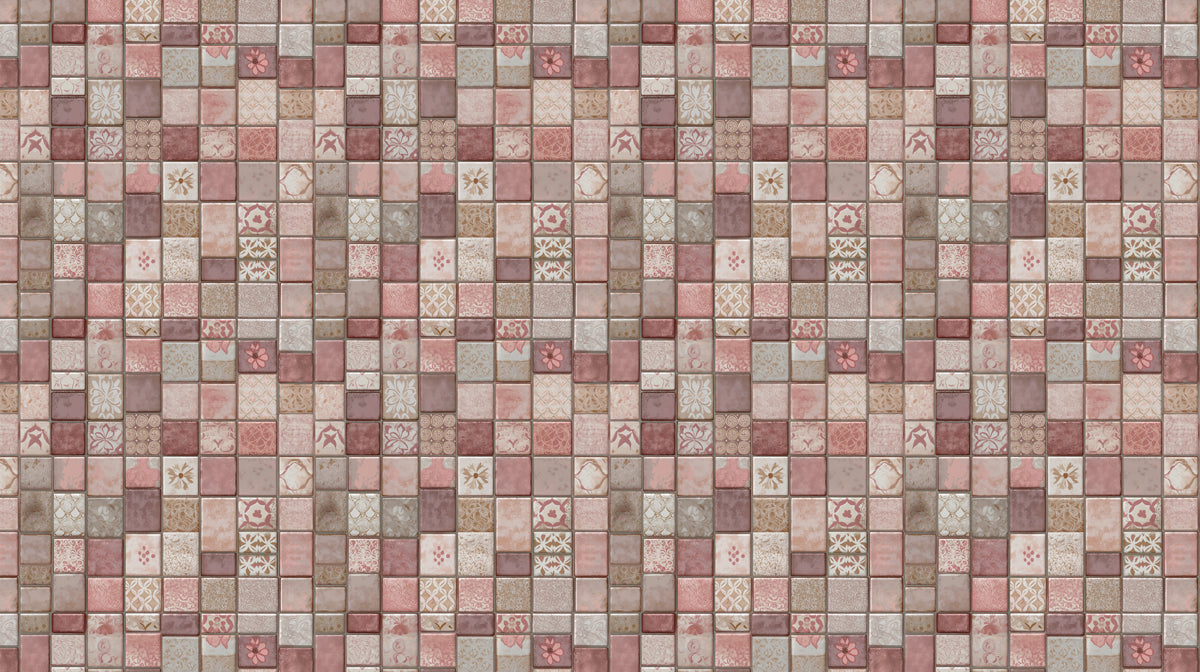 A mosaic tile wallpaper pattern featuring varying shades of blush pink, mauve, and dusty rose with small floral motifs.
