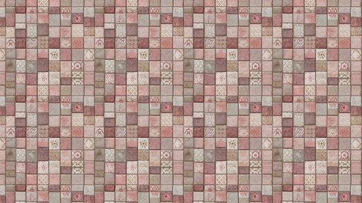 A mosaic tile wallpaper pattern featuring varying shades of blush pink, mauve, and dusty rose with small floral motifs.