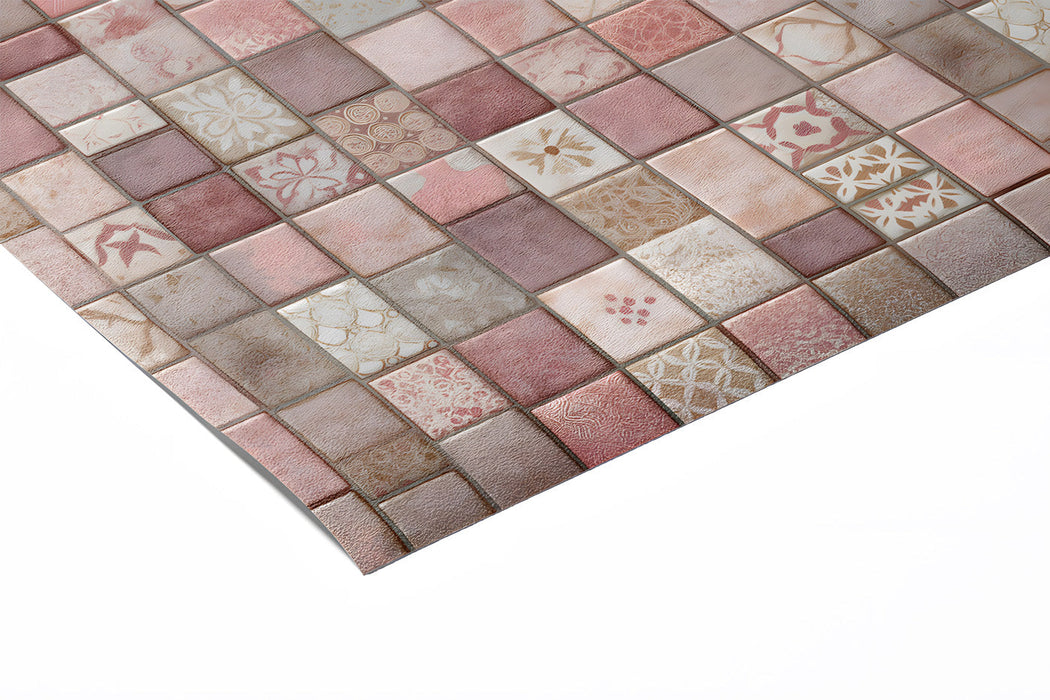 An elegant bathroom wall adorned with pink mosaic tile wallpaper for a soft spa aesthetic.