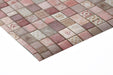 An elegant bathroom wall adorned with pink mosaic tile wallpaper for a soft spa aesthetic.