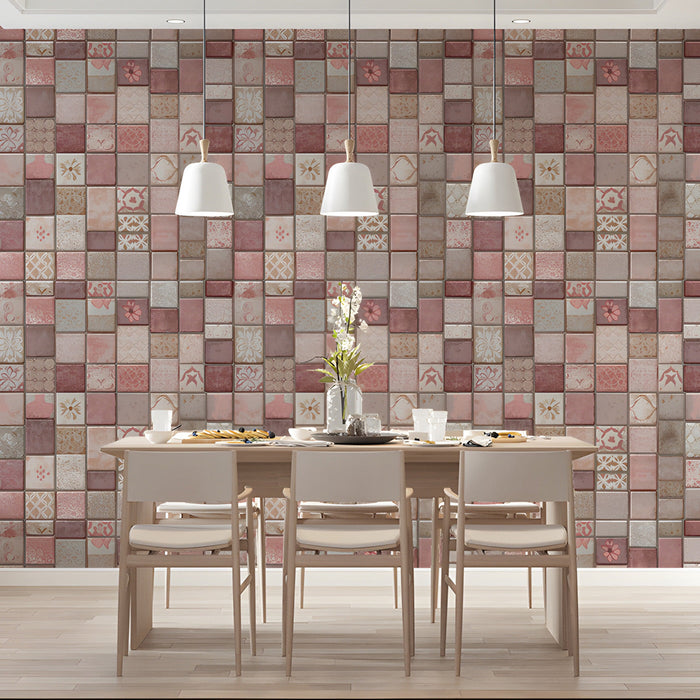 A small dining room with romantic floral mosaic tile wall mural and warm wood accents.