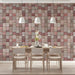 A small dining room with romantic floral mosaic tile wall mural and warm wood accents.
