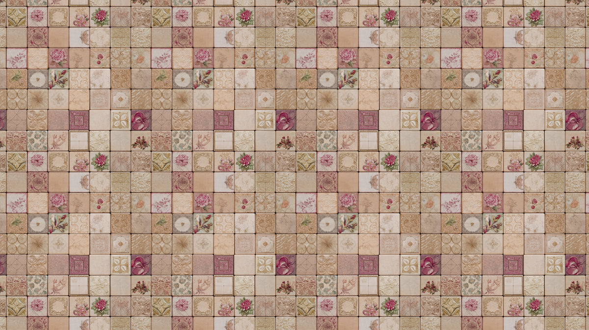 A vintage-inspired mosaic tile wallpaper pattern with floral motifs in rose, berry, and cream on a beige background.