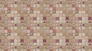 A vintage-inspired mosaic tile wallpaper pattern with floral motifs in rose, berry, and cream on a beige background.