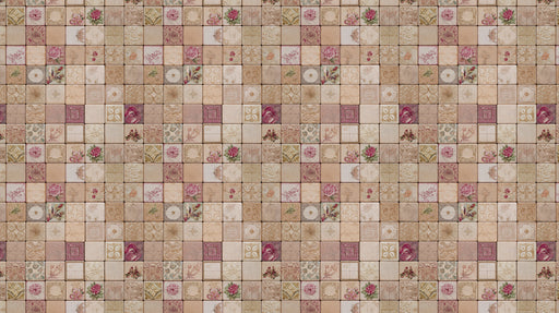 A vintage-inspired mosaic tile wallpaper pattern with floral motifs in rose, berry, and cream on a beige background.