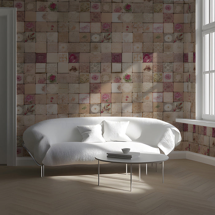 The floral mosaic mural installed on a study, paired with marble countertops and light wood cabinetry.