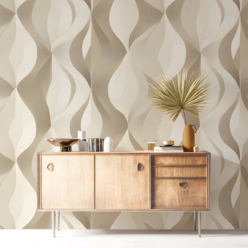 Modern entryway featuring a neutral sculptural wall mural behind a leather sofa