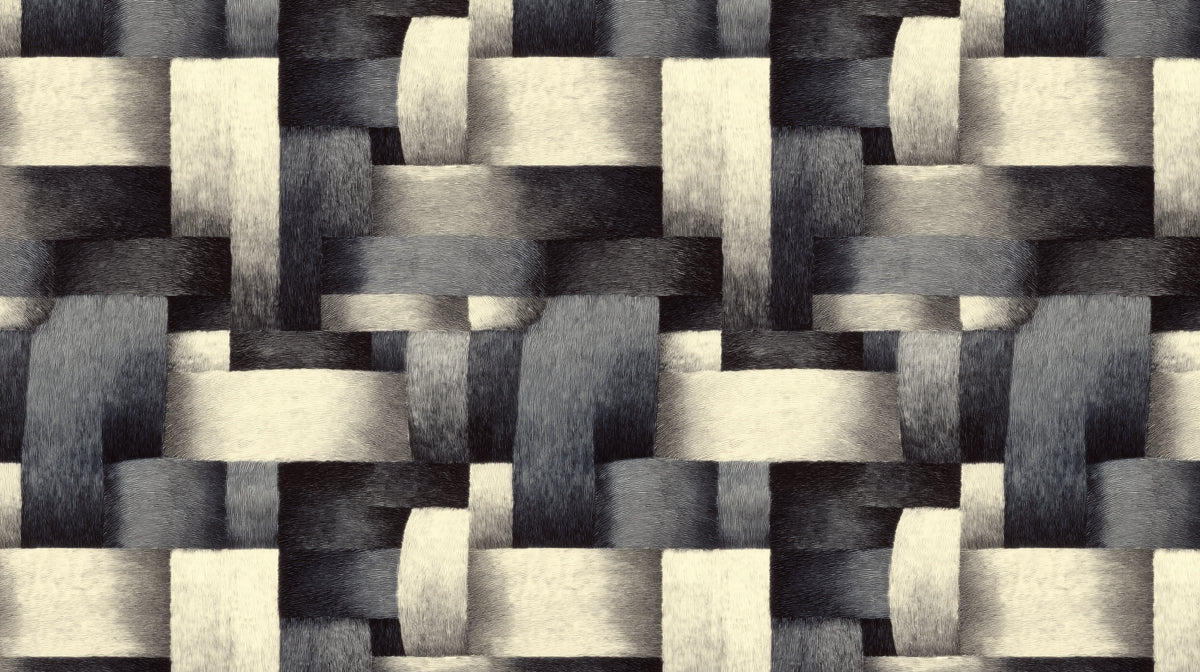 Abstract woven fabric mural wallpaper with intersecting bands of charcoal gray and cream