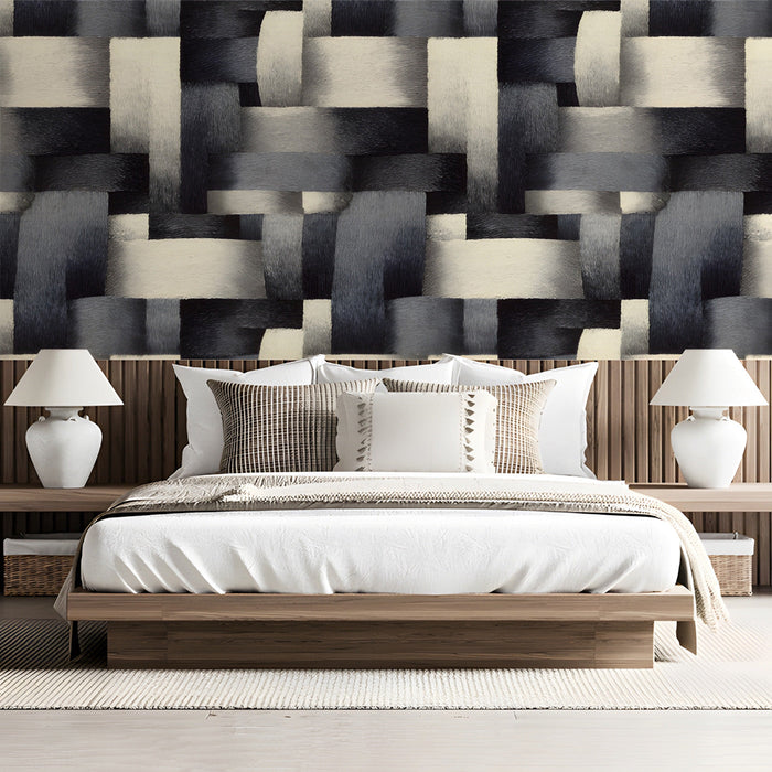 Minimalist bedroom wall decorated with a 3D effect woven pattern mural